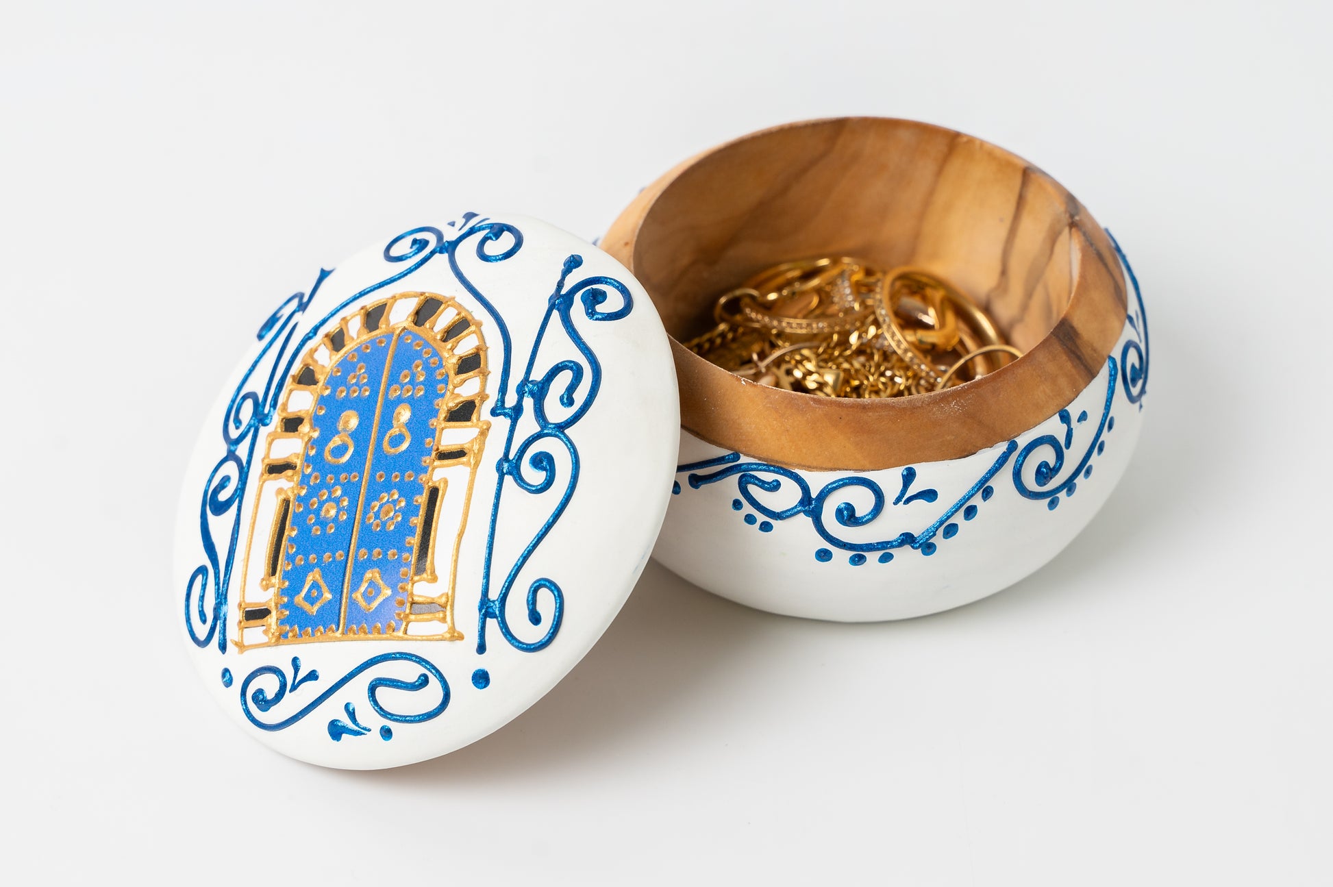 Handbemalte Olivenholz-Dose mit "Medina-Tür"-Motiv – in 4 Farben (8cm)