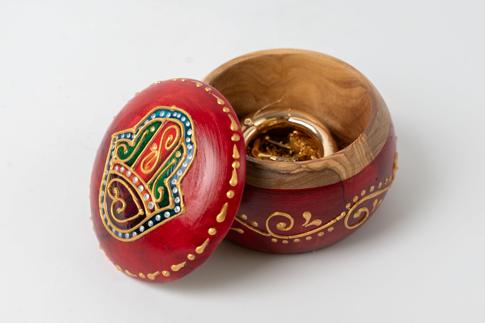 Handbemalte Olivenholz-Dose in 2 Motiven / 4 Farben / 2 Größen