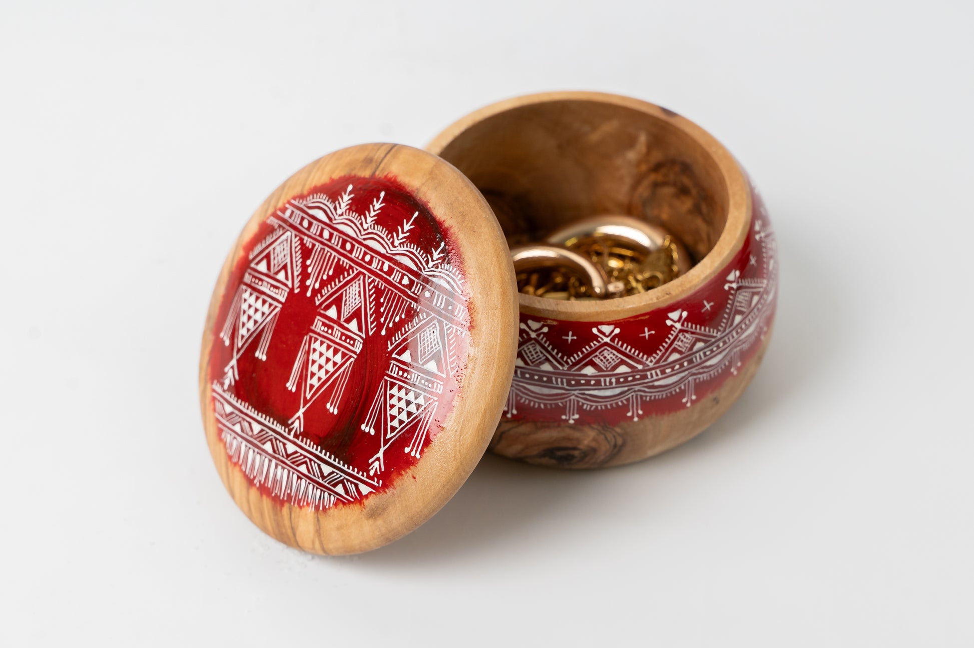 Handbemalte Olivenholz-Dose mit Berber-Muster in Blau und Rot