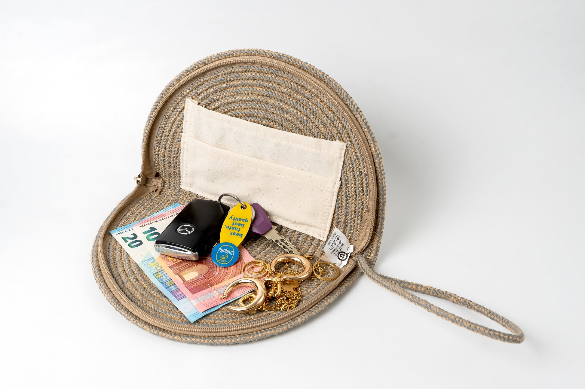 Halbrunde Tasche – mit Reißverschluss & Innenfach | Handgemacht aus Jute