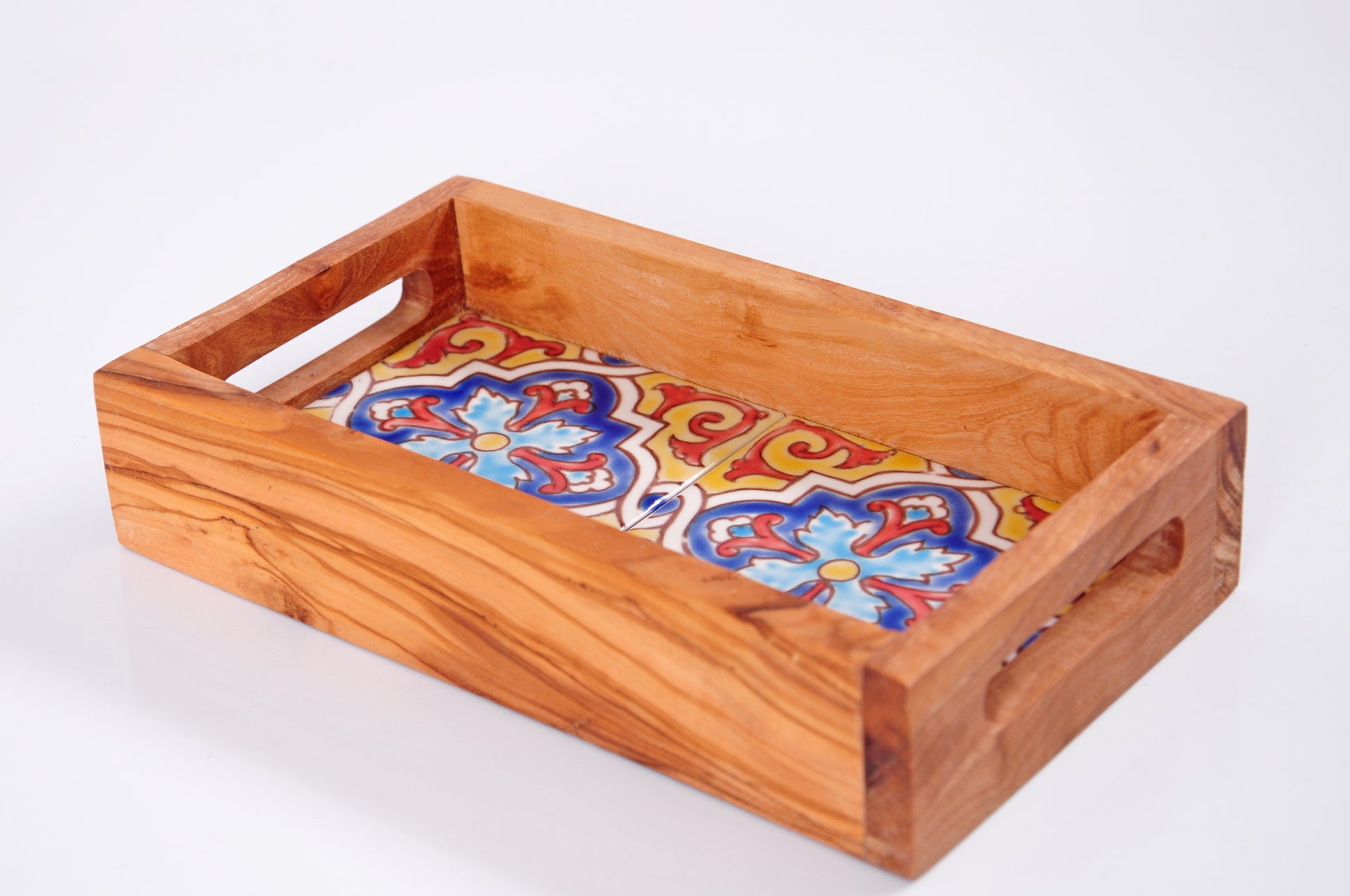 Serviertablett aus Olivenholz mit handbemalter Keramik (2ER) IN VERSCHIEDENEN FARBEN