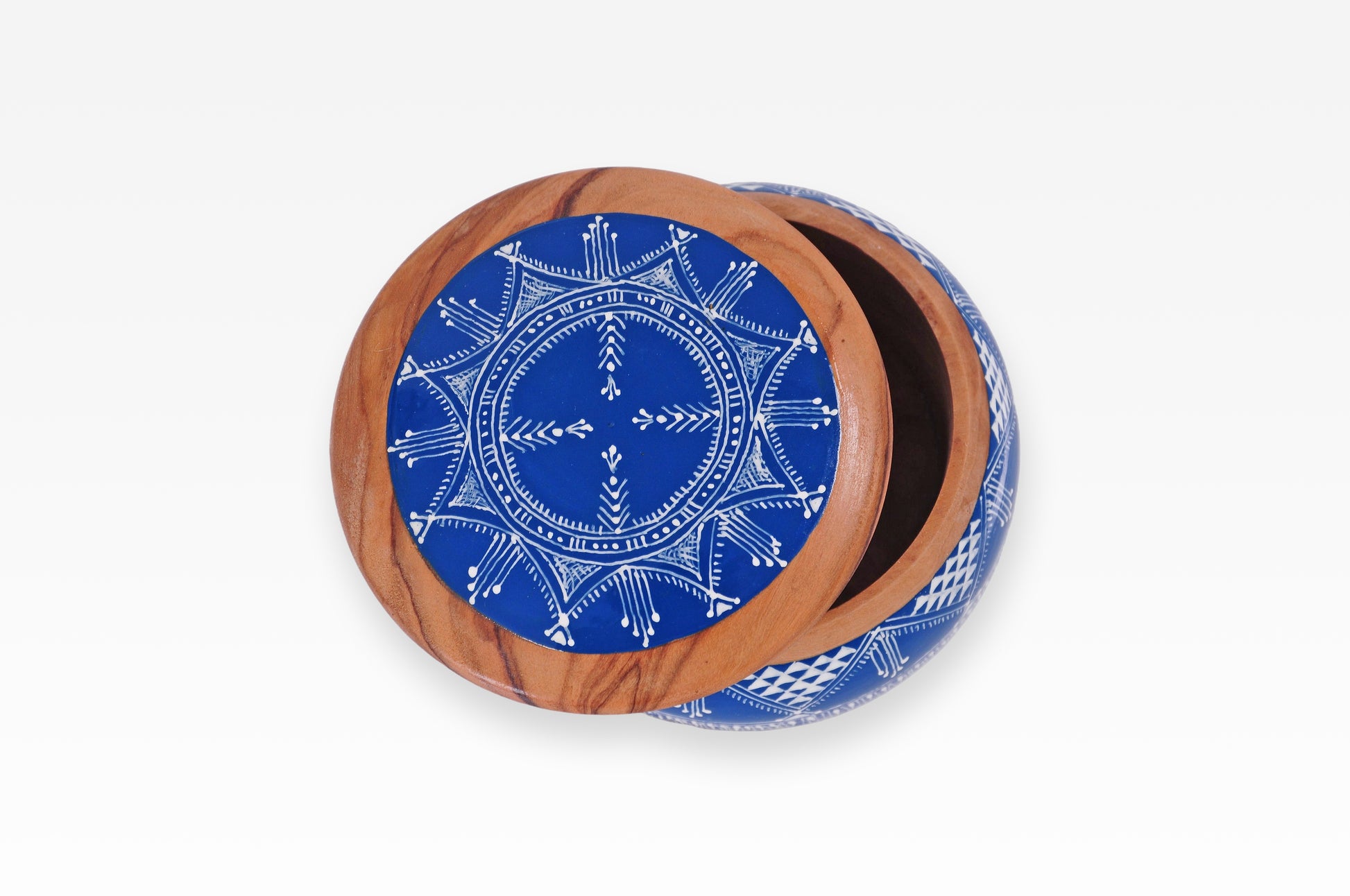 Handbemalte Olivenholz-Dose mit Berber-Muster in Blau und Rot