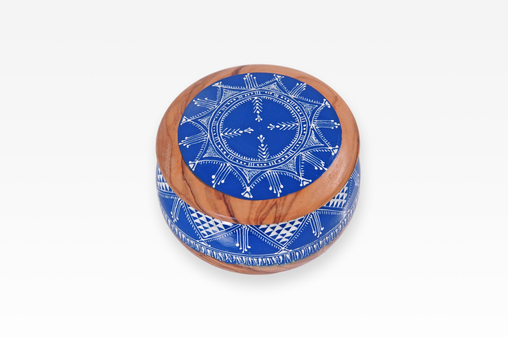 Handbemalte Olivenholz-Dose mit Berber-Muster in Blau und Rot