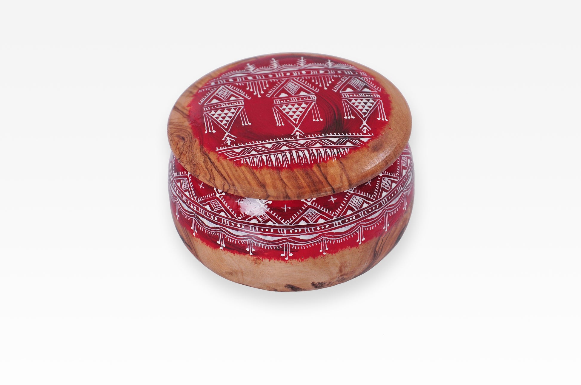 Handbemalte Olivenholz-Dose mit Berber-Muster in Blau und Rot
