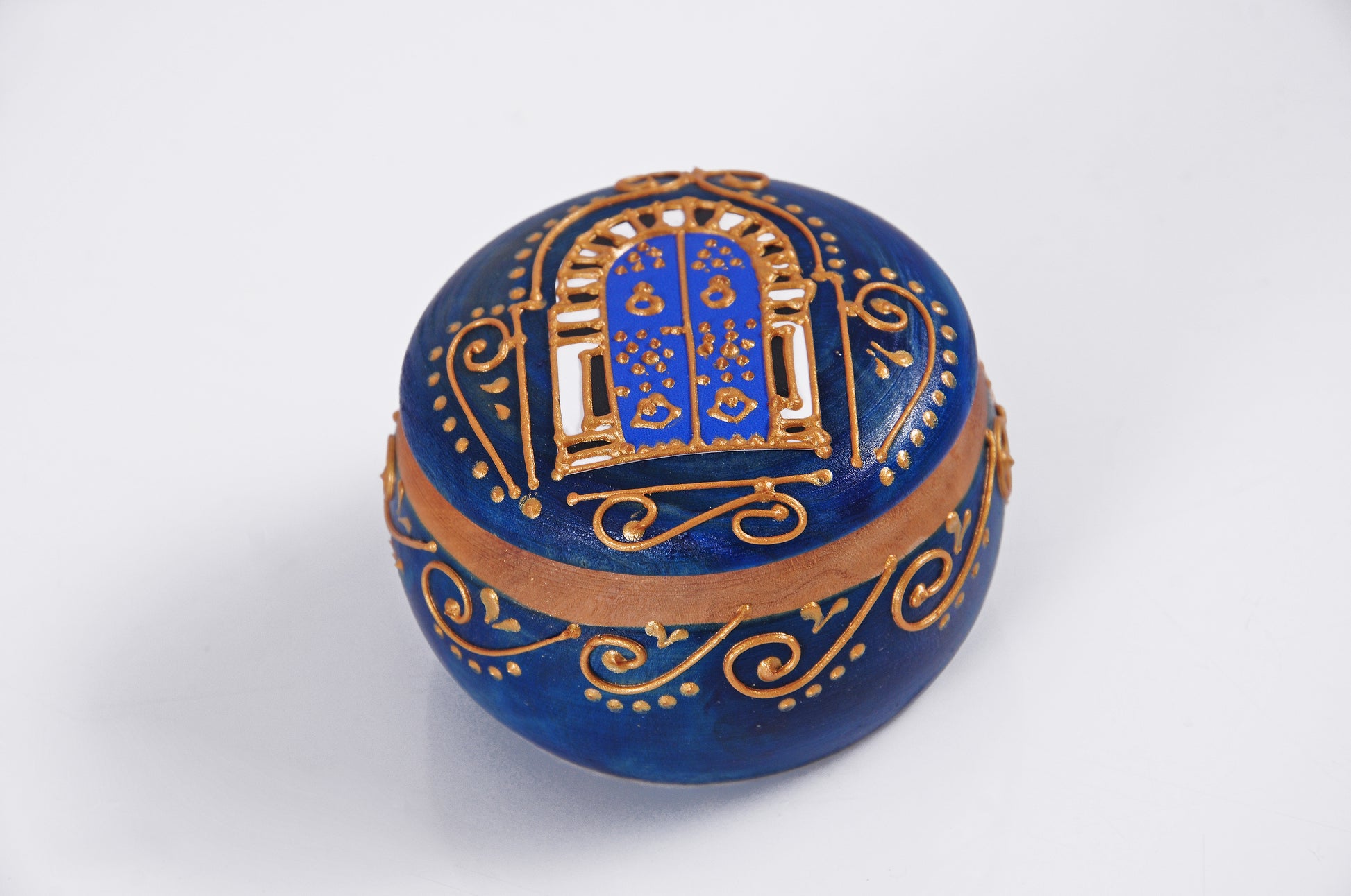 Handbemalte Olivenholz-Dose mit "Medina-Tür"-Motiv – in 4 Farben (8cm)