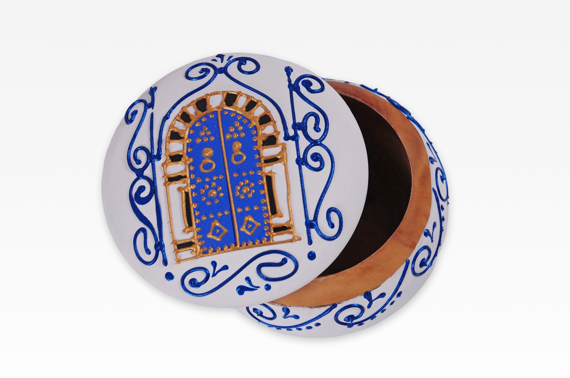 Handbemalte Olivenholz-Dose mit "Medina-Tür"-Motiv – in 4 Farben (8cm)
