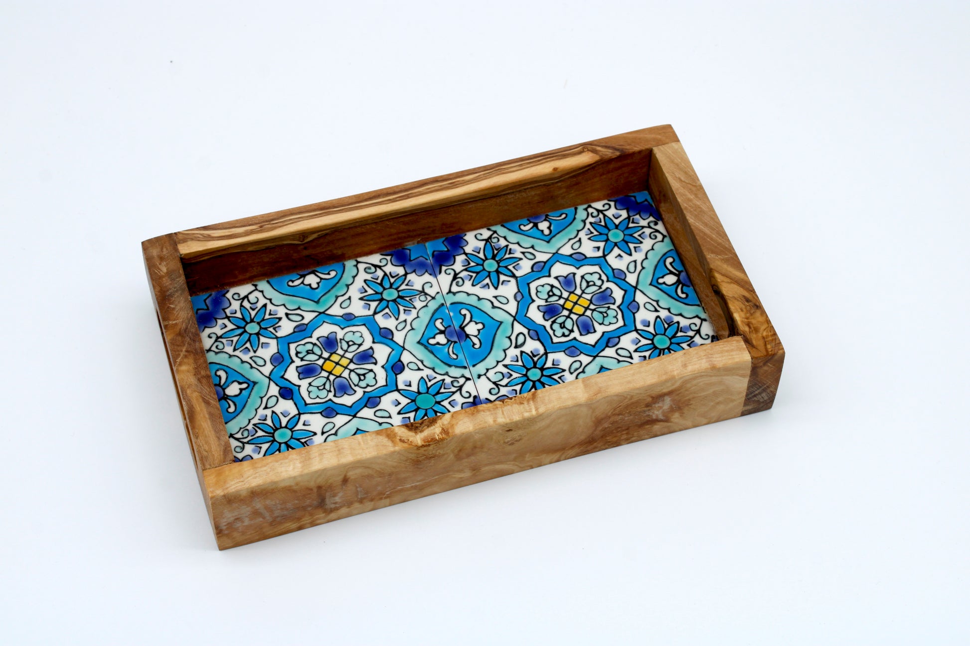 Serviertablett aus Olivenholz mit handbemalter Keramik (2ER) IN VERSCHIEDENEN FARBEN