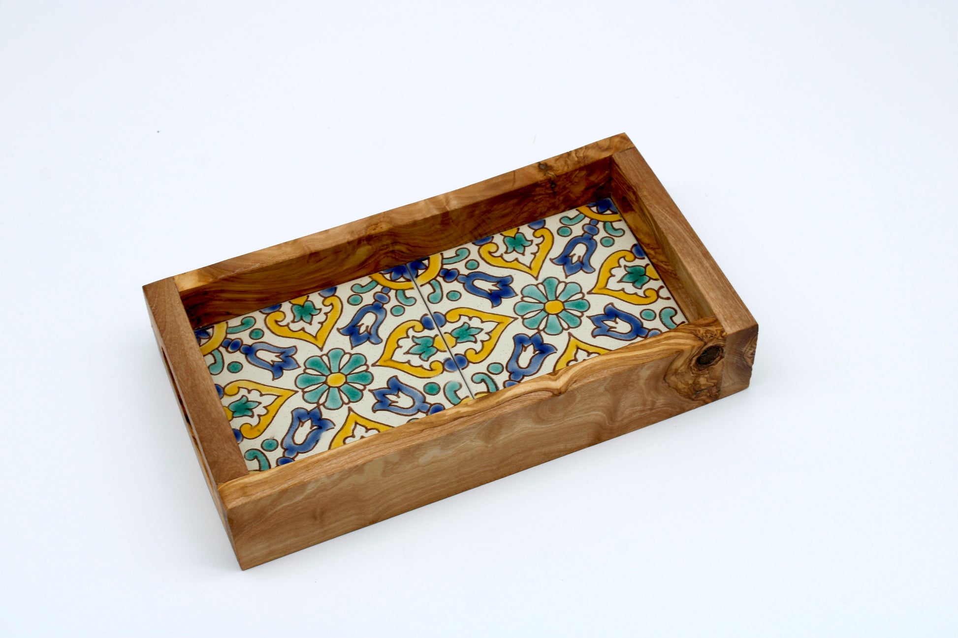 Serviertablett aus Olivenholz mit handbemalter Keramik (2ER) IN VERSCHIEDENEN FARBEN